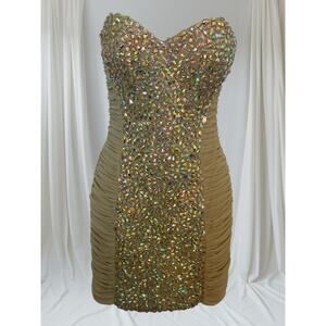 La Femme Gold Iridescent Yellow/Gold Rhinestones Down Front Strapless Dress 6